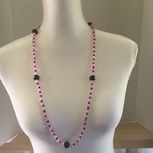 Handcrafted long pink and black bead necklace